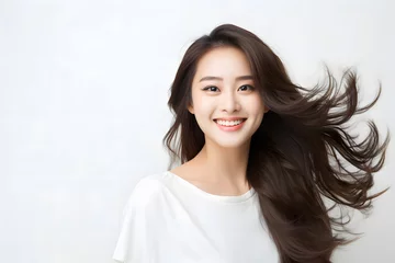 Cercles muraux Salon de beauté Radiant Asian teenager with flowing hair, emanating positivity through a brilliant smile, captured against a clean white background for a youthful and vibrant feel. Generative AI.