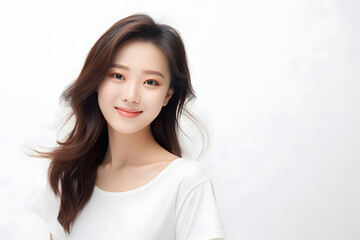 Obraz premium Radiant Asian teenager with flowing hair, emanating positivity through a brilliant smile, captured against a clean white background for a youthful and vibrant feel. Generative AI.