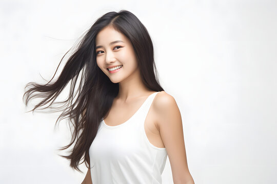 Youthful exuberance on display of A charming Asian teenager with long, windswept hair and a beaming smile, creating a positive uplifting image against pure white backdrop. Generative AI.