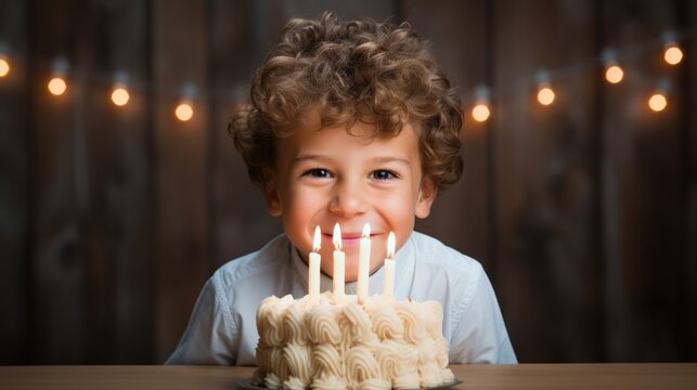 Kid birthday, happy boy portrait and birthday cake with seven candles isolated 
