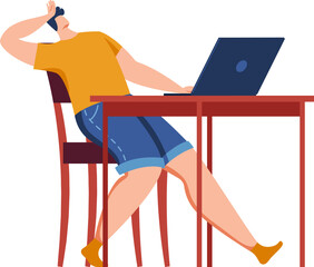 Woman sitting at desk with laptop looking tired and stressed. Office burnout and work fatigue concept. Frustration and deadline pressure vector illustration.