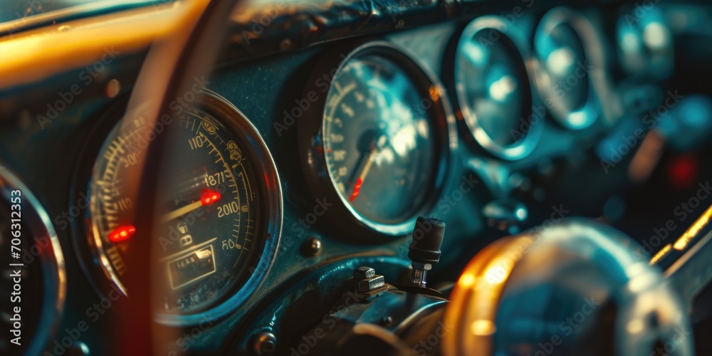 Poster close-up view of a car dashboard. ideal for illustrating automotive technology or the driving experi