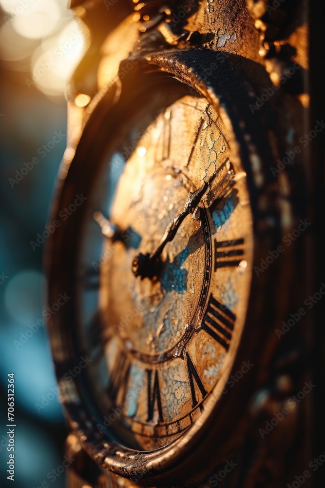 Poster A detailed close-up of a clock with Roman numerals. Suitable for time-related concepts and design elements