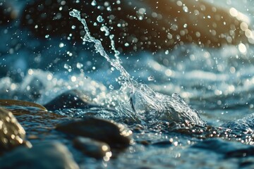 Water splashing on rocks in a river, perfect for nature and outdoor themes - Powered by Adobe