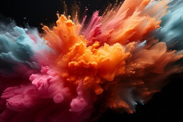 colorful powder dust explosion background. pink and purple powder explosion. loose powder, blush and eye shadow. colorful dust and splash on black background. Cosmetic professional makeup  - obrazy, fototapety, plakaty