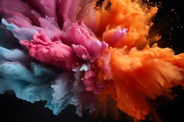 Pink aerosol can with cloud of colored powders stock photo, in the style of light orange and teal, video glitches, high quality photo, colorful explosions, striking composition, psychedelic surrealism