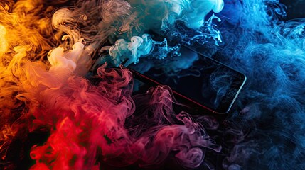 Cloud of colorful smoke of vape or e-juice with smartphone on dark background