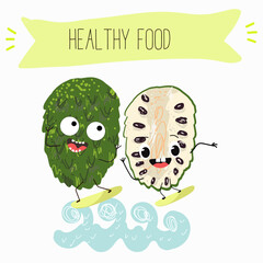 Cute  cartoon soursop, annona, graviola, guanabana, 
citrus, characters with different activities. Flat vector illustration, funny fruits. Organic food.