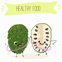Cute  cartoon soursop, annona, graviola, guanabana, 
citrus, characters with different activities. Flat vector illustration, funny fruits. Organic food.