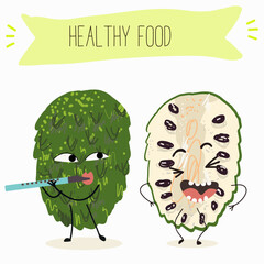 Cute  cartoon soursop, annona, graviola, guanabana, 
citrus, characters with different activities. Flat vector illustration, funny fruits. Organic food.