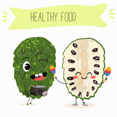 Cute  cartoon soursop, annona, graviola, guanabana, 
citrus, characters with different activities. Flat vector illustration, funny fruits. Organic food.