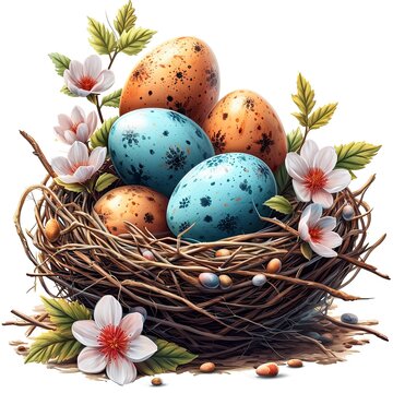 Beautiful Easter Eggs Nest Flowers, White Background, Illustrations Images