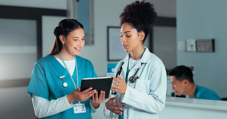 Teamwork, meeting and doctors on tablet online in hospital for research, report advice and...