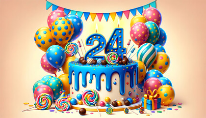 24 year old birthday cake or 24 year anniversary cake celebration with balloons and party decoration	