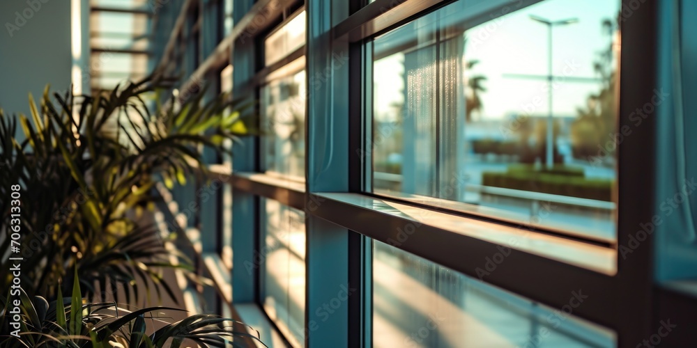 Aufkleber A view of a building seen through a window. Suitable for architectural concepts and urban landscapes