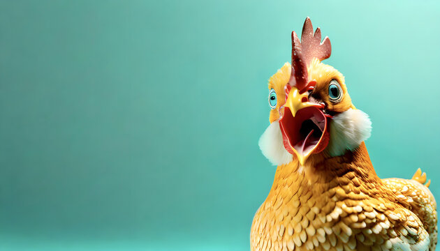 hahn, Huhn, schreiend, kreischend, copy space, hintergrund, türkis, bizarre, skurril, close up, spaß, reklame, werbung, Gockel, neu, witzig