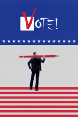 Young man choosing candidate, voting on elections. American presidential election. Contemporary art collage. Concept of elections day, politics, choice, freedom, democracy, human rights. Poster