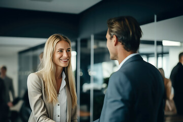 Business meeting between man and woman in office workplace environment interview hire enrol introduce or conclude deal introduce each other in casual happy relaxed atmosphere