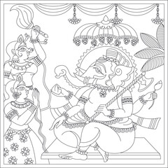 Illustration of Lord Ganpati/Ganesha drawn in Pinguli folk art style of Maharashtra India. for textile printing, logo, wallpaper	