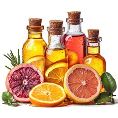 Bottles Citrus Essential Oil Sliced Fruit, White Background, Illustrations Images