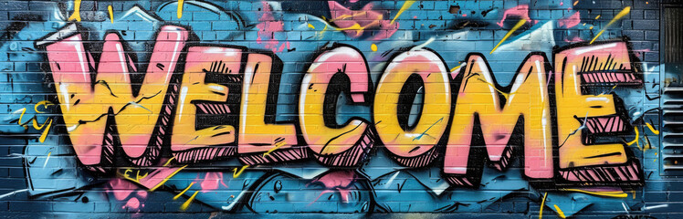 Generative AI, Colorful word Welcome as graffiti  symbol on the wall, street art. Melted paint.	
