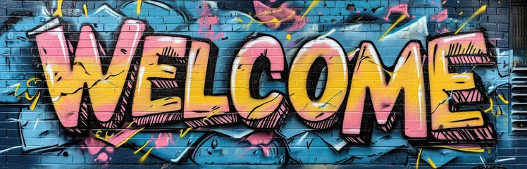 Foto op Plexiglas anti-reflex Generative AI, Colorful word Welcome as graffiti  symbol on the wall, street art. Melted paint.   © DELstudio