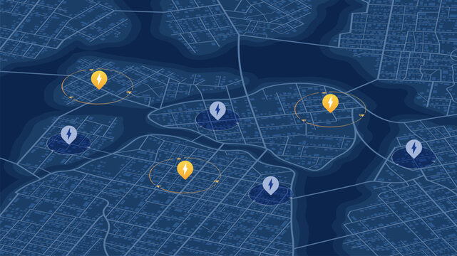 Top view distinct city districts connected to the power grid. Zones without electricity for visual distinction energy networks. Visualization of power distribution, outage areas. Isometric vector