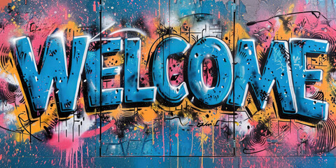 Generative AI, Colorful word Welcome as graffiti  symbol on the wall, street art. Melted paint.	
