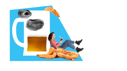 Contemporary art collage. Mug of foamy light beer looking unhappily to delightful girl sitting in bunch of shrimps with glass of lager beer. Concept of party, festival, national traditions, lifestyle.