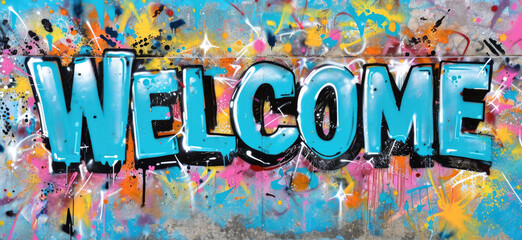 Generative AI, Colorful word Welcome as graffiti  symbol on the wall, street art. Melted paint.	
