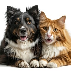 Cat Dog Together Looking Camera, White Background, Illustrations Images