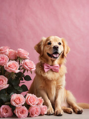 golden retriever smiling pose wearing pink bow, with pink roses and pink wall background