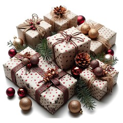 Fototapeta na wymiar Christmas Decorations Gifts On White Background, White Background, Illustrations Images