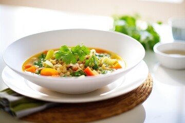 minestrone with fresh parsley, bright kitchen