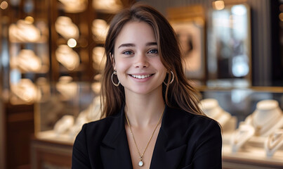 Confident young female jewelry boutique employee smiling, surrounded by luxury necklaces and earrings in the elegant interior of a high-end jewelry store