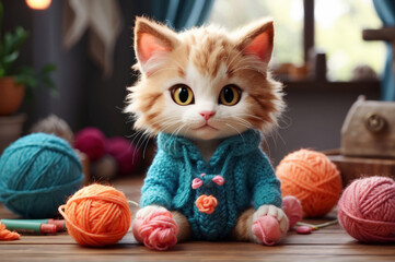 Fototapeta na wymiar kitten playing with yarn, cute illustration for children