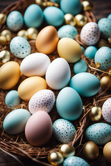 pastel and gold easter eggs in nest on wooden background