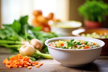 freshly chopped vegetables beside bowl of minestrone - obrazy, fototapety, plakaty