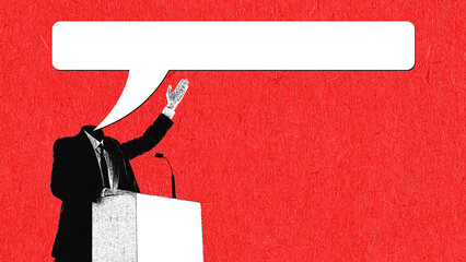 Man, presidential candidate standing on tribune with giant empty speech bubble and leading speech. Contemporary art. Concept of elections day, politics, democracy, human rights. Poster. Grainy effect - obrazy, fototapety, plakaty