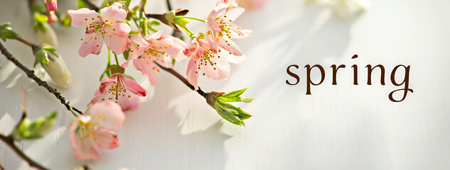 Banner with spring pink flowers and the inscription spring on a light wooden background.