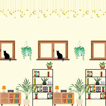 Seamless pattern: book room, window, black cat.