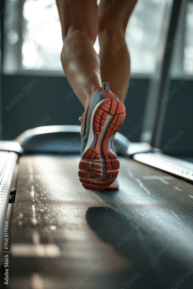 Poster a close-up of a person running on a treadmill. can be used to depict fitness, exercise, or health-re