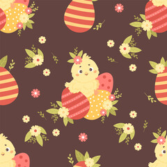 Obraz premium Seamless pattern cute chick with Easter egg on brown background with flowers. Vector illustration for paschal design, wallpaper, packaging, textile. Kids collection