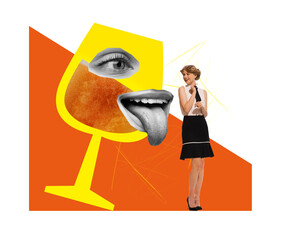 Contemporary art collage. Playful and flirty glass of cold light lager foamy beer looks at beautiful girl in retro clothes. Concept of party, festival, national traditions, taste, lifestyle, happy