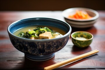 vegan miso soup version with chickpea tofu and kale - obrazy, fototapety, plakaty