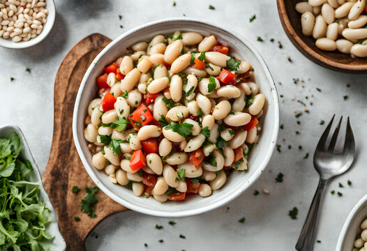 A bowl of delicious Mediterranean White Bean Salad of top view.