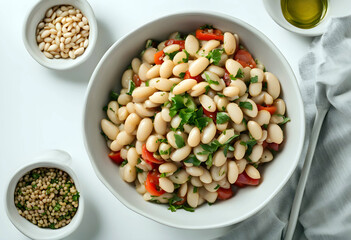 A bowl of delicious Mediterranean White Bean Salad of top view.