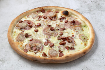 Sausage pizza isolated on gray background