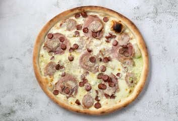 Sausage pizza isolated on gray.Top view food.