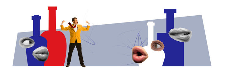 Banner. Contemporary art collage. business man in retro official outfit showing his force, standing...